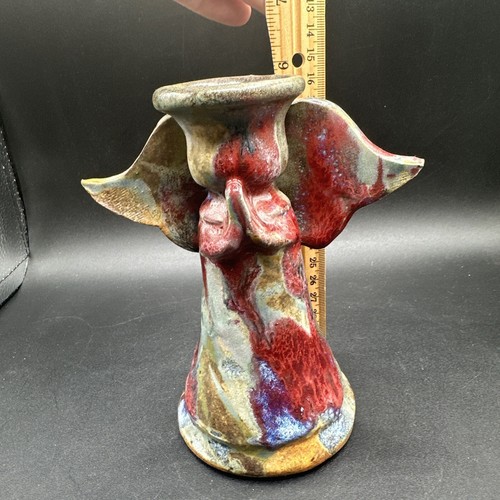 Candelabro de ángel de Navidad de cerámica artística rojo crema firmado Rhoads estudio de arte - Imagen 7 de 7