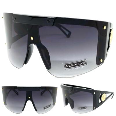 OVERSIZED CLASSIC RETRO MODERN SHIELD Hip Hop Style SUNGLASSES Huge Black Frame