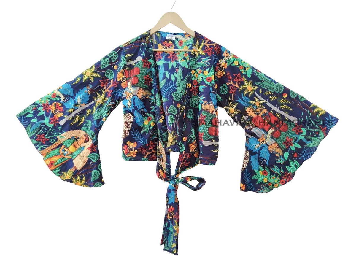 Adjustable Cotton Bell Sleeves Tie Front Floral Print Hippie Blue