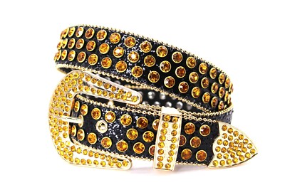 Rhinestone Western Belt Bling Black Gold Unisex Men for Pants 34 Cinto Vaquero