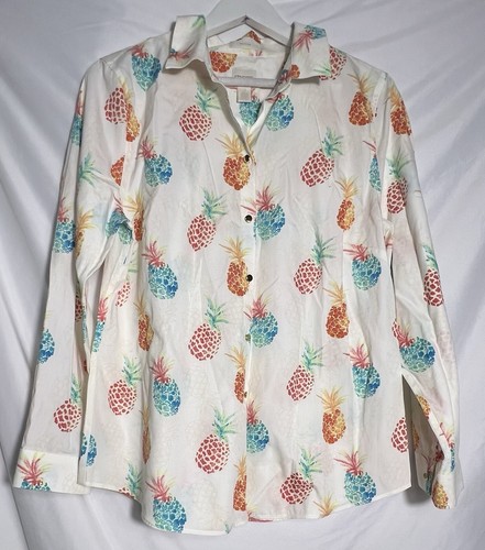 Chicos Pineapple Print Women’s Size 2 Long Button-Up Shirt Roll Tab Sleeve - Picture 2 of 5