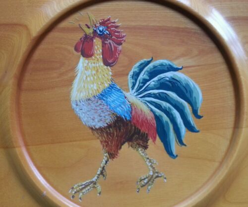 Vassoio da portata in legno 16" con GALLO DIPINTO A MANO METÀ SECOLO MODERNO - Foto 3 di 3