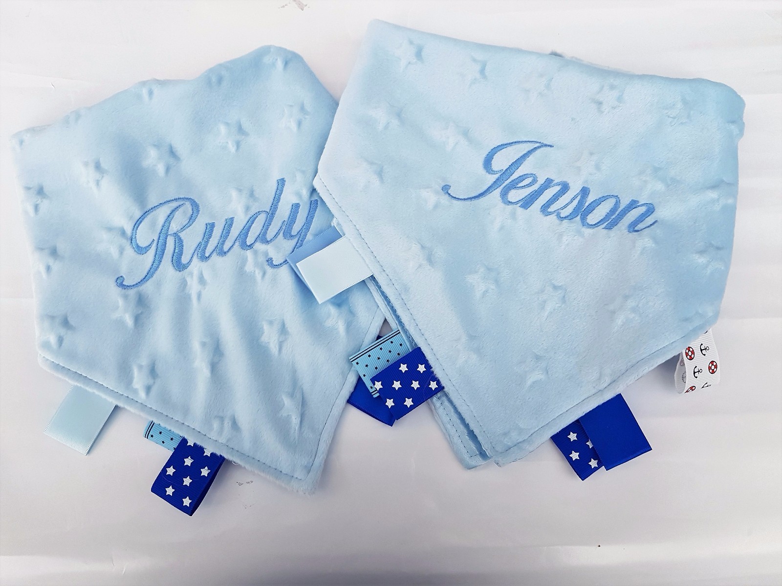 Handmade Blue /& White Star Dimple Fleece Comfort Fleece Ribbon//Tag Blanket