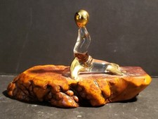 Art Glass Seal W/ Golden Ball Figurine on Wood Base 4.5x2x2.5