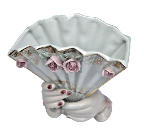 Floral Fan Vase Woman's Hand Victorian Design Bone China Flowers Vintage - Picture 5 of 11