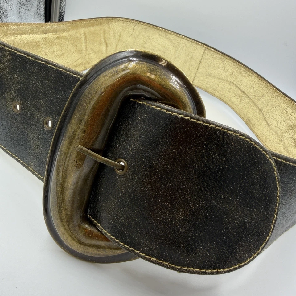 Cinturón Vintage Ancho Enorme Color Bronce Cuero Hebilla Cintura Med Grande Foto 3 de 4
