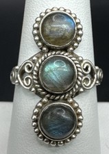 Sterling Silver Rainbow Moonstone Ring Elongated Size 9