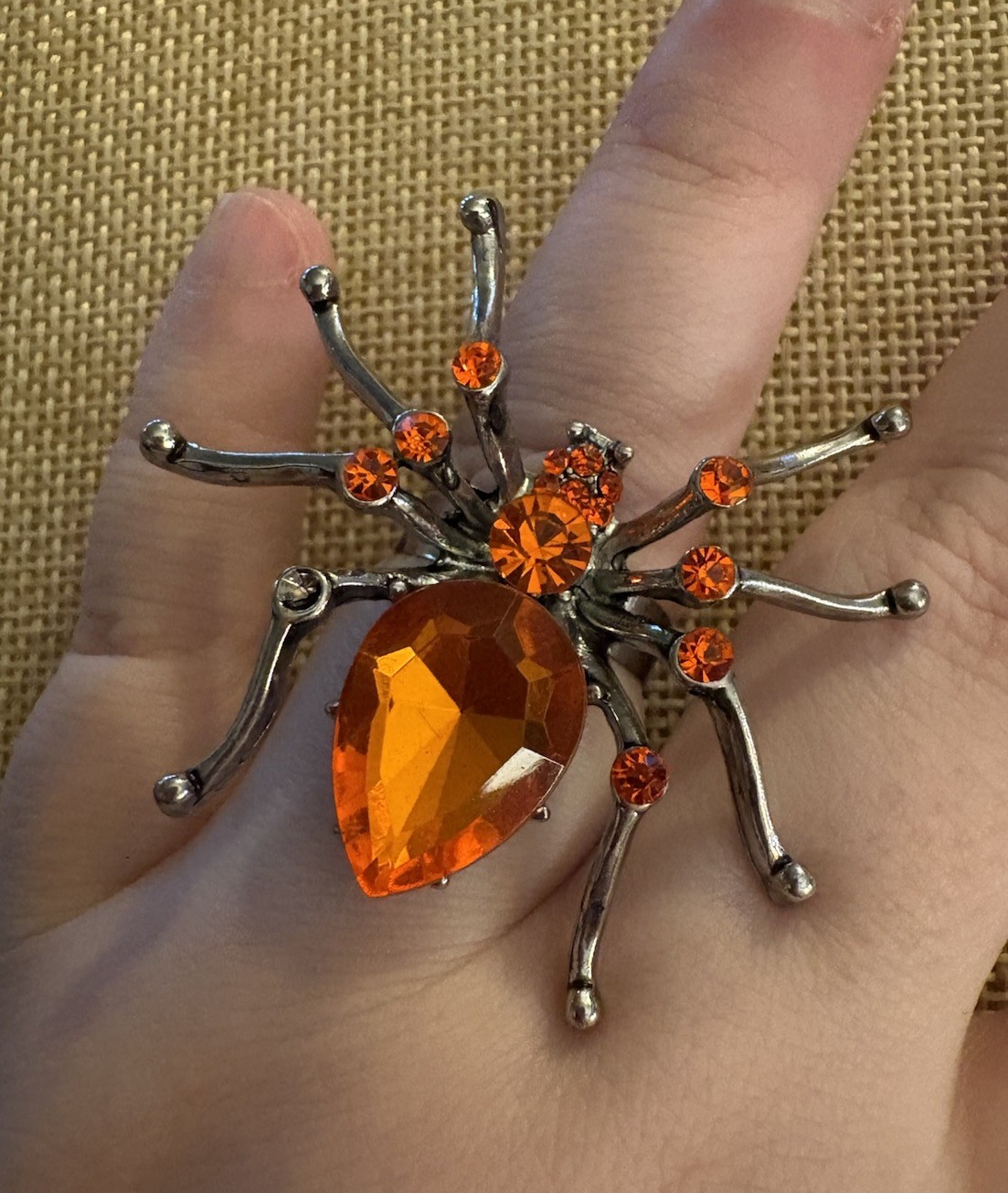 Large Spider Ring Orange Rhinestone Statement Adj… - image 1