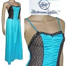 1980s Vintage Undercover Wear Long Blue Nylon Nightgown See Through Black Lace M