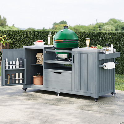 66.5'' Outdoor Kitchen Island for Big Green Egg Grills, Solid Wood Outdoor Grill