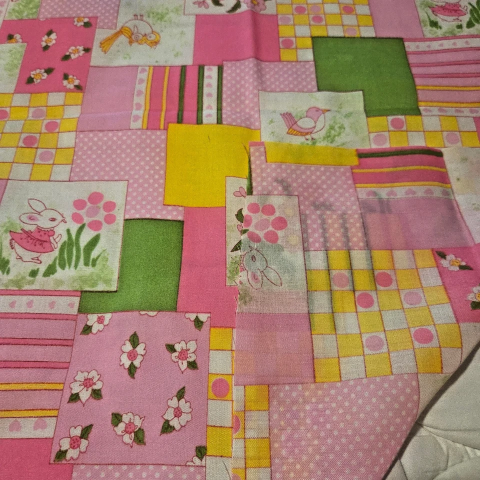 Easter Fabric Bunnies, Flowers, Birds Hot Pink, Green & White 7/8 Yards + Extra - Image 2 of 3