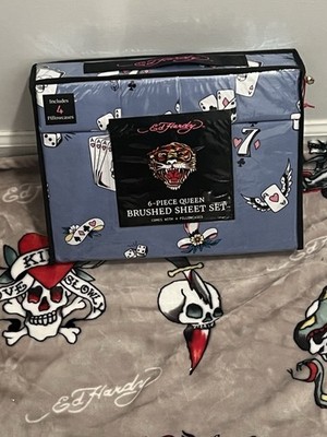 Ed Hardy Queen Skull Lucky 7 Aces Wings Hearts Arrow Dices 6pc Sheet Set NWT