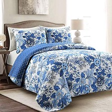 Lush Decor Sydney Reversible Cotton Quilt Set, 3 Piece Set, Full/Queen, Navy