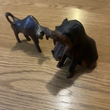 2 Dark Wooden Calved Animal Ornaments Hippo and Bull Free Standing Sculpture