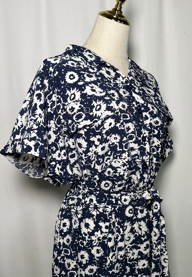 Vestido Camisa Lucky Brand Midi 3X Manga Corta Cinturón Bolsillos Botón Azul Blanco Foto 3 de 4