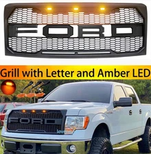 For 2009-2014 Ford F150 Grill Raptor Style Mesh Grille w/Letter+LED Matte Black
