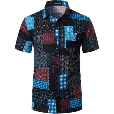 Chemise Hawaïenne Homme Coton Lin Manches Courtes Motifs Végétaux Taille S - Photo 1/4