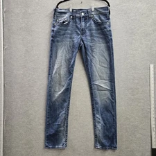 True Religion Men Jeans 32 Blue Denim Geno Relaxed Slim Button Logo Contrast