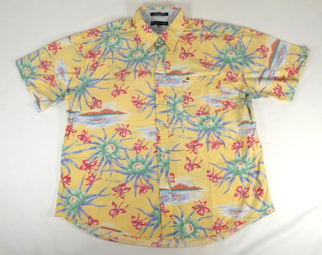 Tommy Hilfiger Hawaiian Aloha Shirt Yellow Floral Island Spell Out Men's XXL