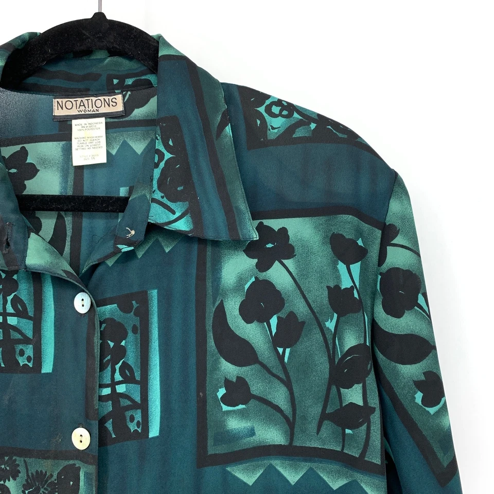 Vintage 90s Notations Button Front Blouse Womens Sz 1X Teal Green Floral Print - Image 3 of 4