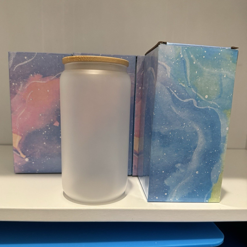 White Frosted Glass Sublimation tumbler with Wooden Lid, Round,