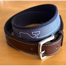 Vineyard Vines Blue Whale Belt Mens Size 32 Blue Fabric  Brown Leather Classic