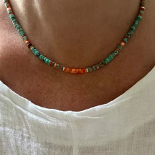 Kingman Turquoise Orange Spiny Oyster Necklace Solid 14K Gold, Layering Jewelry