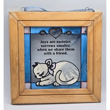 Vintage Stained Glass Cat Suncatcher Wood Frame Friendship Quote Open Window 90s