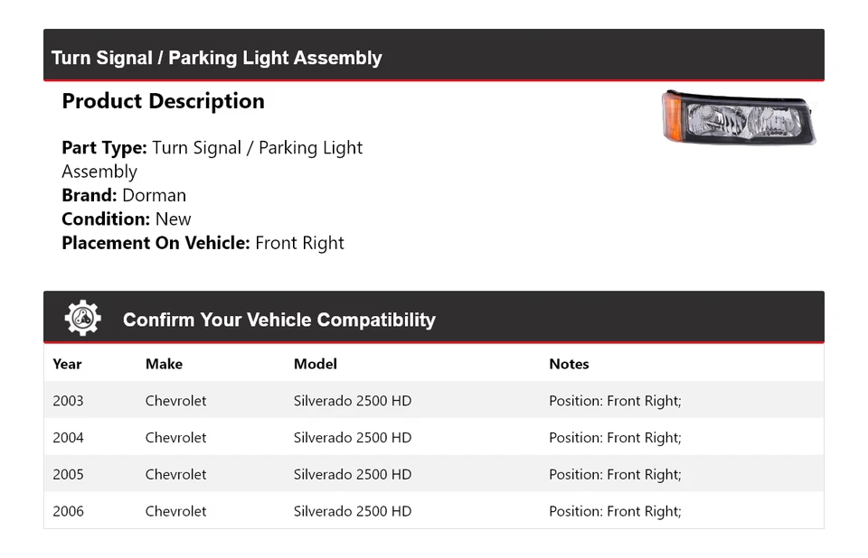 Conjunto de luz de giro/estacionamiento Dorman para Chevrolet Silverado 2500 HD 2003-2006 Foto 2 de 4