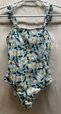 NWOT Women  s Light Blue Floral One Piece Swimsuit Ruffled Straps Medium