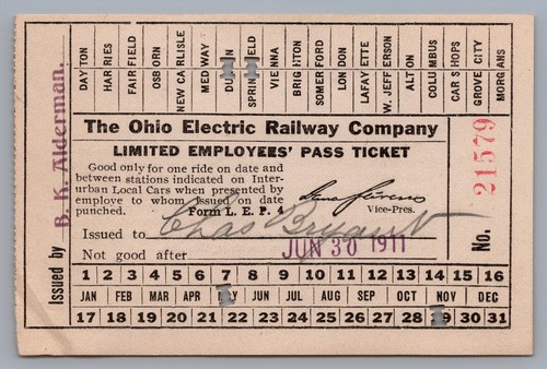 1911 Ohio Electric Railway Company Limited Employees' Pass Ticket Springfield