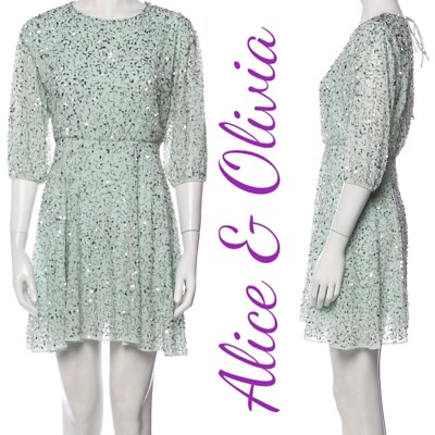 NWT ALICE & OLIVIA Sequined Metallic Light Green A-Line Mini Dress, Size 4  | eBay