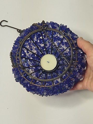 Candelabro colgante Tealight cuentas azules y blancas cadenas tono cobre metal - Imagen 6 de 11