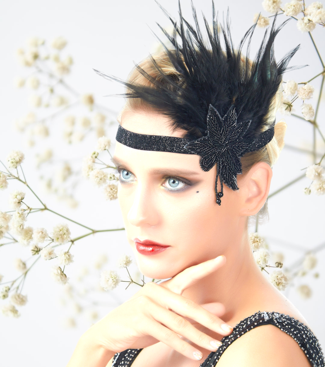 Gatsby Headband 1920 Feather Headpiece 1920s Headband Beaded Black