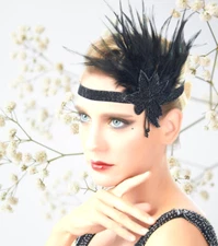 1920s Headband Beaded Black Feather Headpiece Flapper Great Gatsby Party 20s