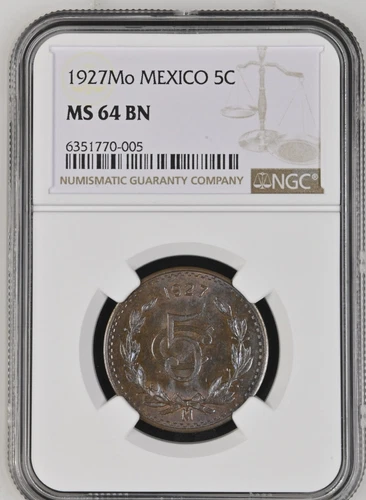 1927Mo Mexico 5 Centavos NGC MS64BN