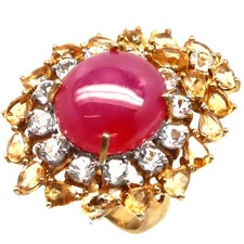 925 Silver 14 x 15 MM. Red Ruby, Topaz  Citrine Two Tone Jewelry Ring Size 7