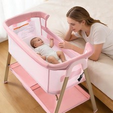 Image of Portable 3-in-1 Baby Bed with Adjustable Height and Lockable Wheels, Pink