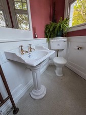 Vintage Sanitan wash basin & toilet, white, with  Painted wooden framed mirror