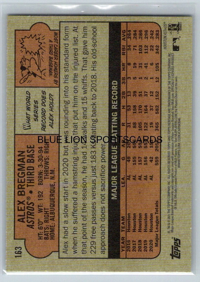 2021 Topps Heritage Error Wrong Back #163 Kyle Seager/Alex Bregman Back - Image 2 of 2