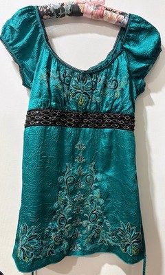 Vintage Y2K HeartSoul Teal Crinkle Satin Empire-Waist Fairy Top Size Medium