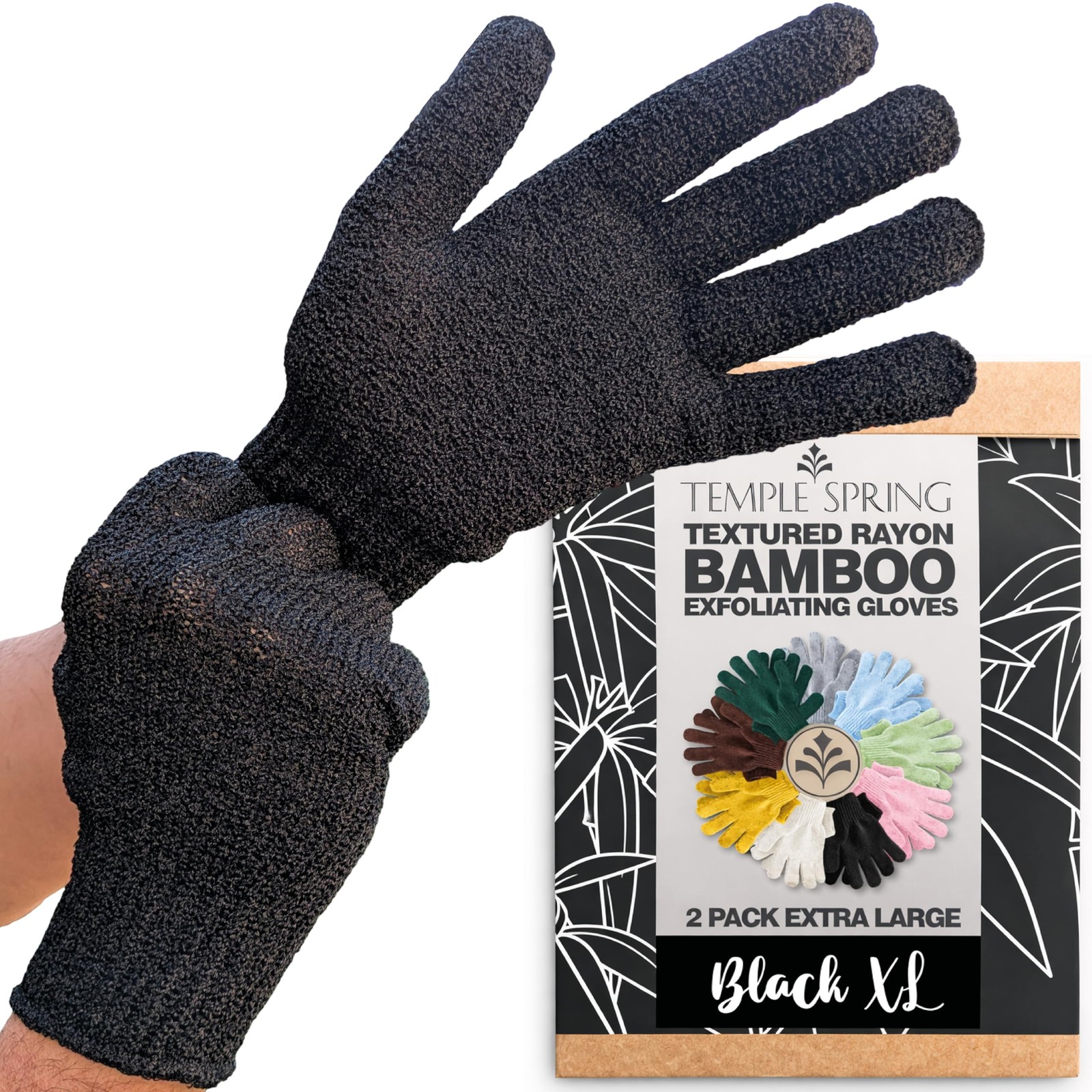 Temple Spring Exfoliating Glove, Carbonized 1 count (Pack of 2), Black XL