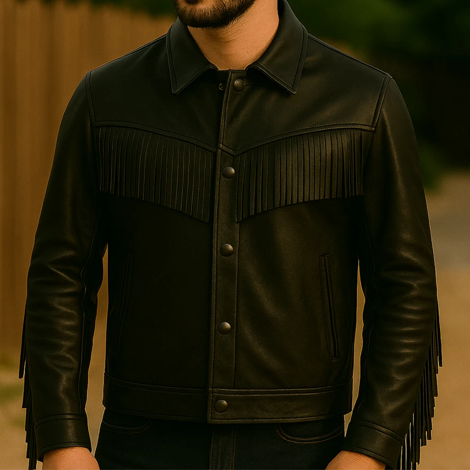 Chaqueta con flecos de cuero de vaca real negra para hombre Abrigo estilo motociclista vaquero occidental. Foto 4 de 4