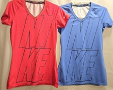 2 Women's Nike Pro Dri-Fit Short Sleeve V Neck Blue Red Graphic Shirts MEDIUM