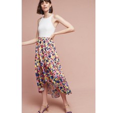 Anthropologie Bethanie High Low Floral Dress Large By Hutch Navy Yellow Pink