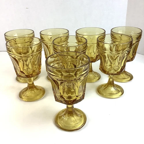 Anchor Hocking Fairfield Amber Goblets 8 Vintage Footed MCM Wine Water Glasses