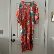 Natori Orange Rose Floral Print Kaftan Maxi Dress Size S V Neck New Without Tag