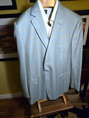 Gritti By Zegna Blue Check Sport Coat, Wool/Silk /Linen, Italian 60R, 46L U.S.