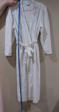 Vtg Lorraine White Satin Belted Long Robe Women's L Floral Print