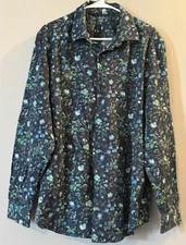 Perry Ellis Slim Fit Blue Green Flowers Long Sleeve Button Down Men 2XL Tall